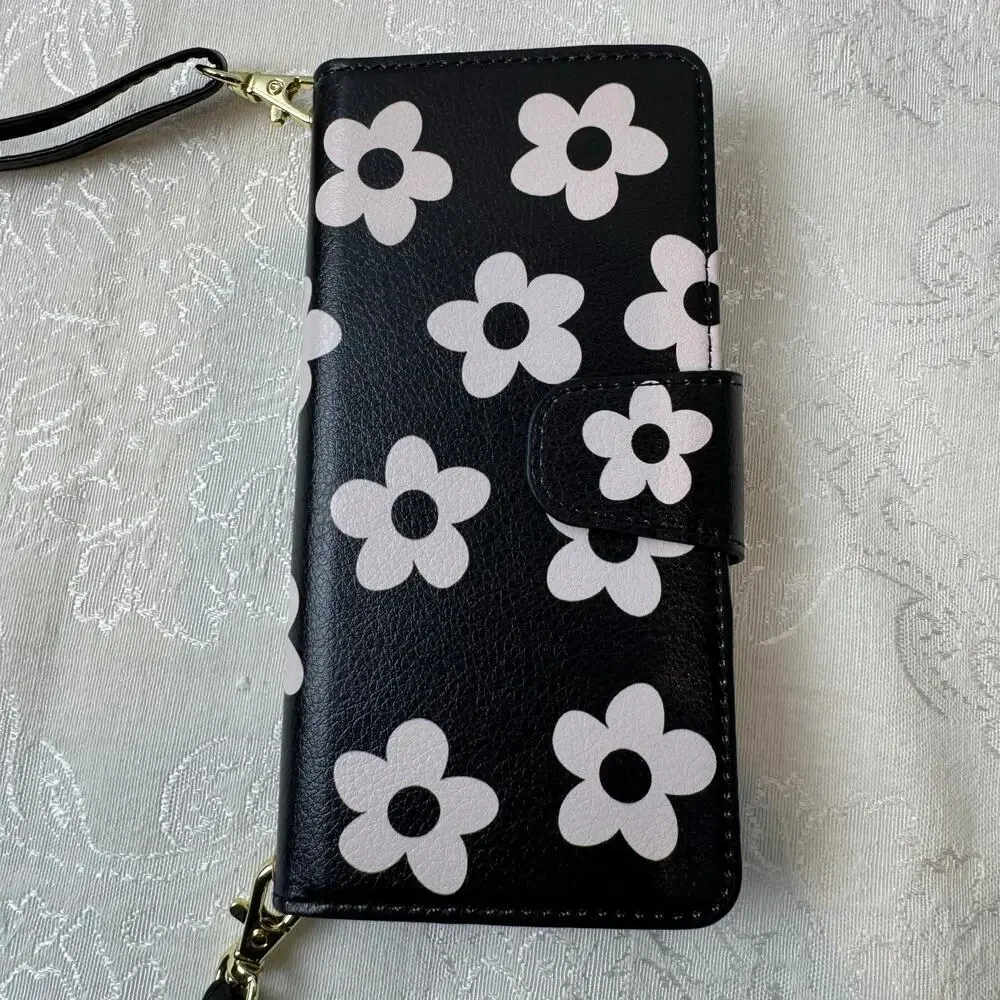 Samsung Galaxy Phone S25 Ultra Wallet Case Black Pink Flowers w/ Wrist Strap